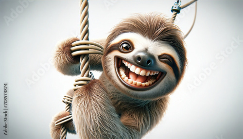 Fototapeta Naklejka Na Ścianę i Meble -  a sloth climbs a rope and smiles into the camera