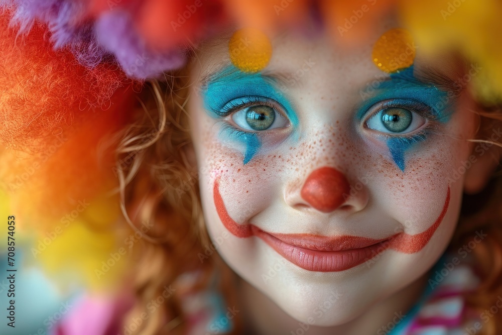 A little girl clown with scary makeup depicting a character often associated with horror and horror, perfect for Halloween or a circus themed event. A little girl clown with scary makeup depicting a character often associated with horror and horror, perfect for Halloween or a circus themed event.