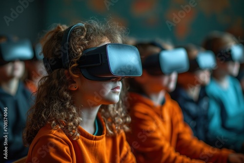 A group of children wearing virtual reality glasses are immersed in futuristic and innovative digital entertainment.