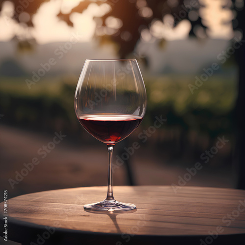 Glass of red wine on the table outdoors on blurred vineyard background