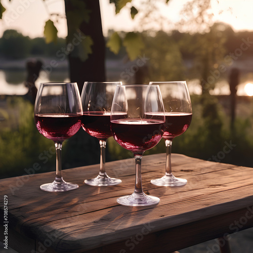 Three glasses of red wine on the table outdoors on blurred natural background