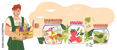 Local farmers production of fermented vegetables and pickles. Farmers contribute local food and healthy vegetarian production, flat cartoon vector illustration isolated on white background.