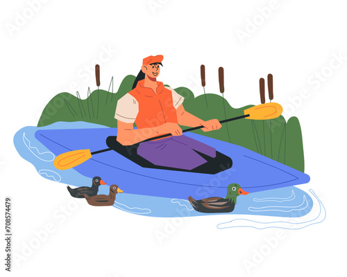 Kayak travel on the river, kayaking or rafting, sports and ecotourism concept. Tourist sailing on a kayak, flat cartoon vector illustration isolated on background.