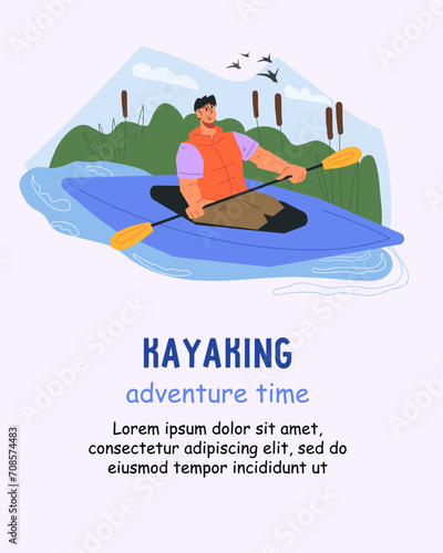 Banner or poster template with tourist on a kayak, flat cartoon vector illustration. Travel or use a kayak, kayaking, canoeing or rafting sport and ecotourism.
