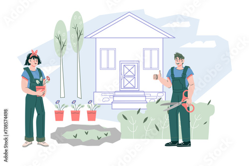 Professional gardener services banner background with gardeners who provide lawn care and landscaping, vector illustration isolated on white. Gardeners provide lawn care, landscaping and pruning.