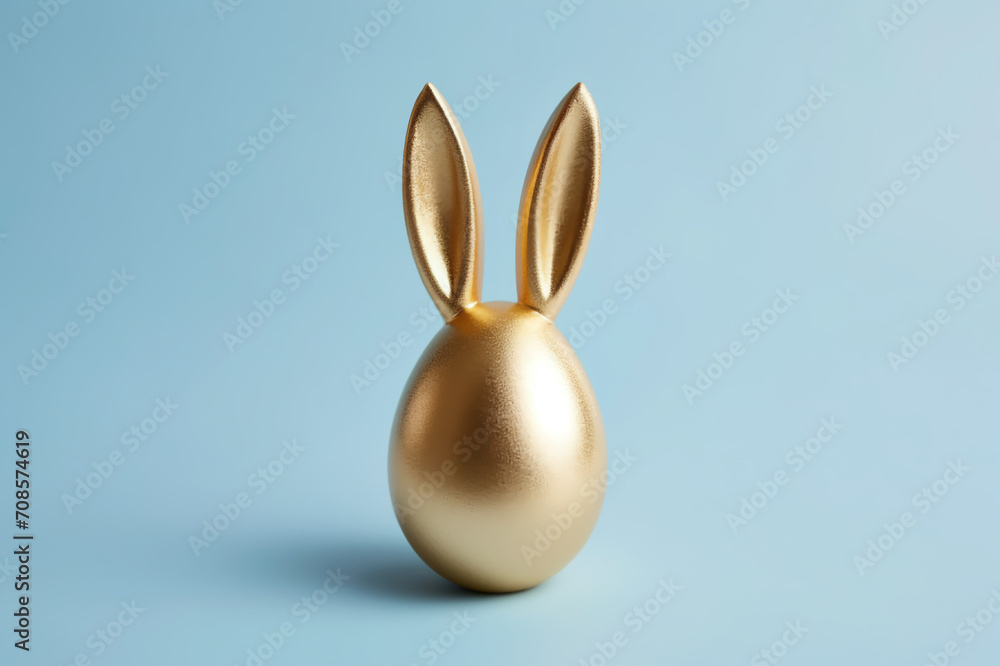 Obraz premium A Cute Easter Egg with Bunny Ears in Gleaming Gold, Against a Monochrome Pale Blue Background - A Simple and Charming Celebration of Easter Opulence