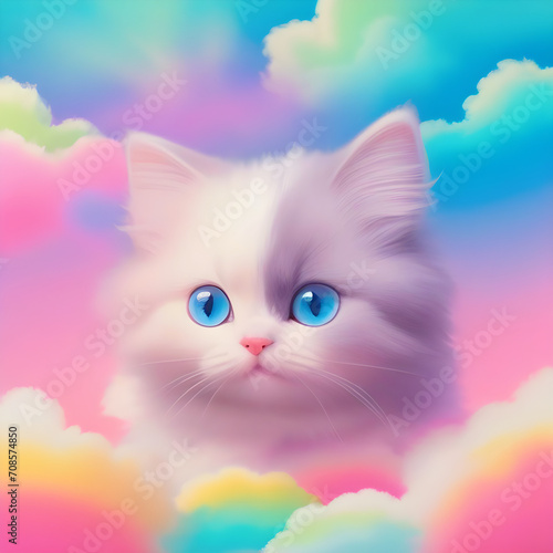 かわいいミヌエットの猫がカラフルなパステルカラーのファンシーな雲から顔を出しているドリーミーなイラストアートアイコン
