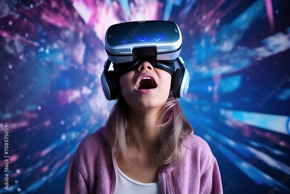 Asian woman wearing virtual reality headset and headphones Asian woman wearing virtual reality headset and headphones