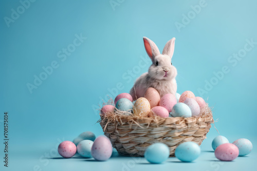A Cute Rabbit Nestled in a Basket with Easter Eggs Against a Monochrome Pale Blue Background - A Simple yet Charming Depiction of Easter Serenity