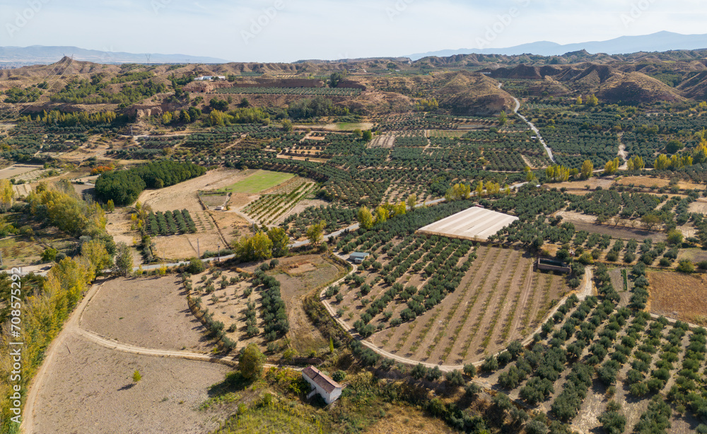 Aerial view of fields at the village of Lopera, Guadix, Spain