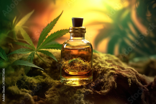 A small glass bottle with hemp oil with a stopper on a natural backdrop. Generative by ai.