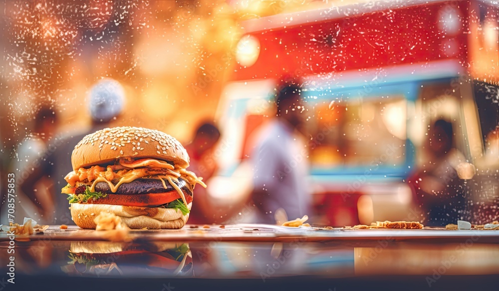 Food truck serving food, open store in a festive atmosphere, created