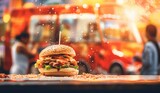 Food truck serving food, open store in a festive atmosphere, created with AI