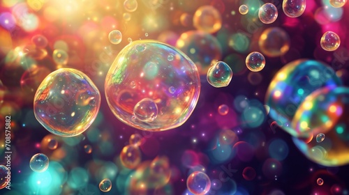 Several Floating Soap Bubbles in the Air, Colorful and Transparent Balls