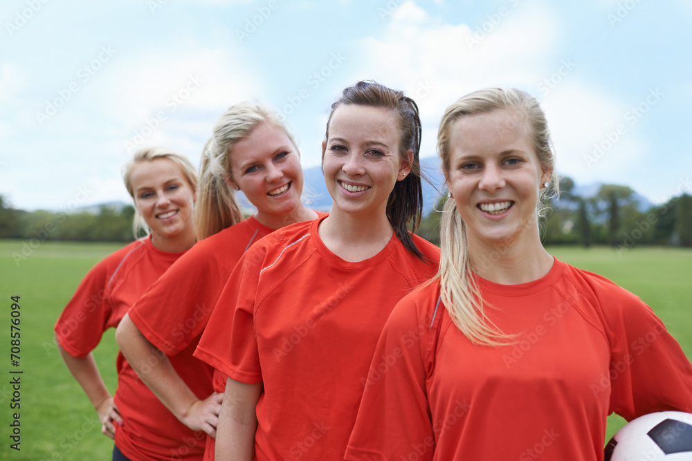 Girls, players and portrait with soccer ball, confident and football field for match, competition or game. Young, practice or happy for training, outdoor or exercise for athlete, women and sport