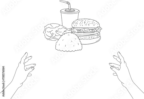 Vector two hands grabbing large packages of own fried chicken and burgers 