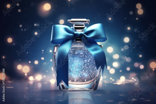 A mock-up of an elegant glass perfume bottle with a gold lid and a sparkles