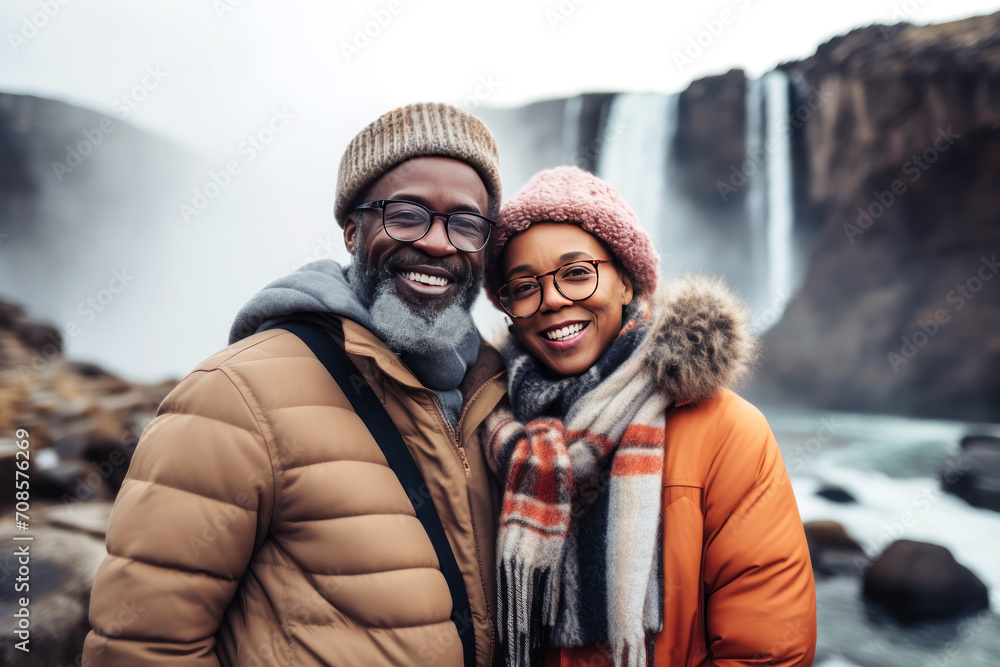 Middle-aged African couple on the background of waterfall.