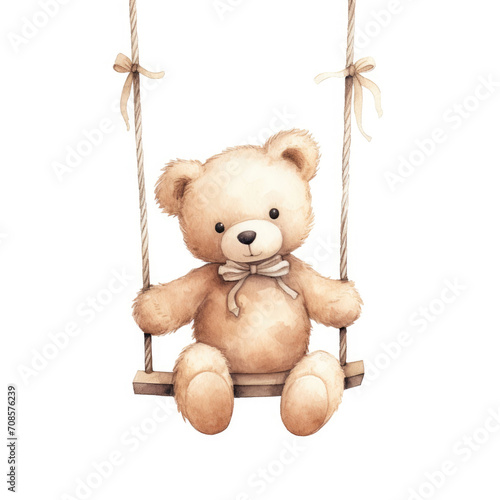 Cute brown teddy bear sitting while holding a rope on a swing created with Generative AI Technology