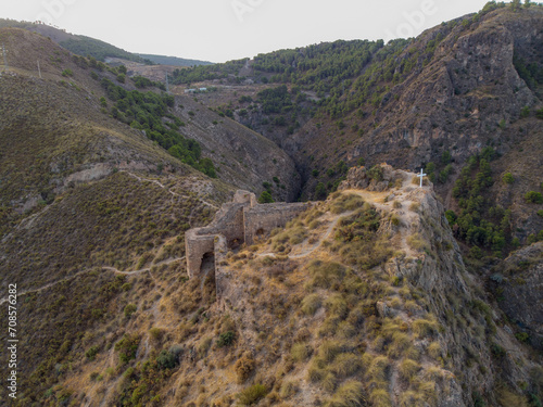 An aerial view of the historic Castle ruins of Mondujar Spain