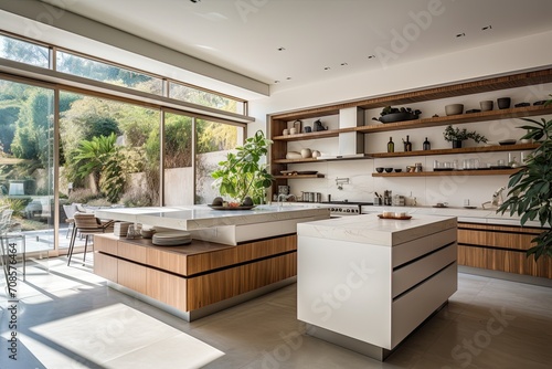 The kitchen is spacious and bright. The walls are white tile and the floor is dark parquet. The room has large windows that let in a lot of natural light.