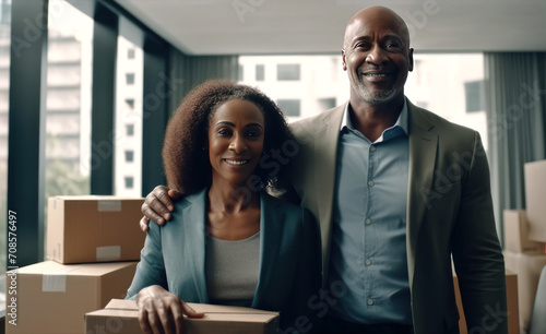 Middle-aged married dark-skinned couple on background of cardboard boxes photo