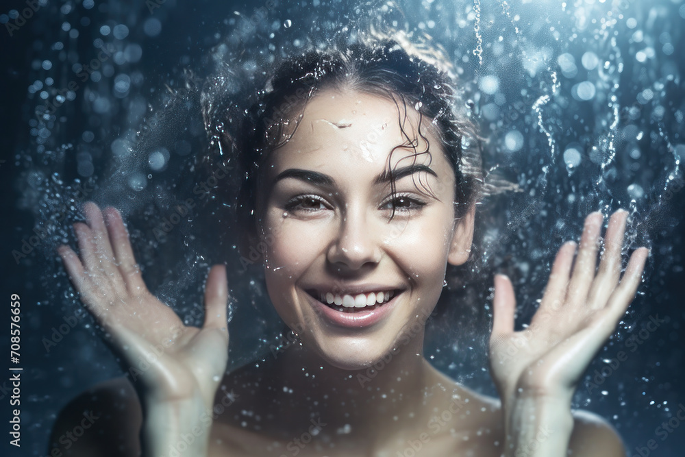 Close-up female portrait of a young attractive caucasian woman laughing and splashing water
