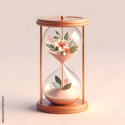 Hourglass with pink flowers and green leaves, timer countdown concept, 3d render illustration, generative ai