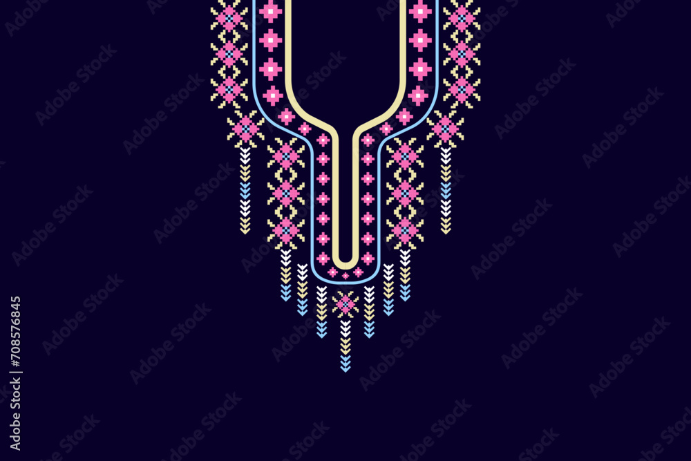 Beautiful geometric necklace design, floral pattern, necklace embroidery kaftans design for fashion woman, bohemian necklace, neckline, clothing, vector illustration.