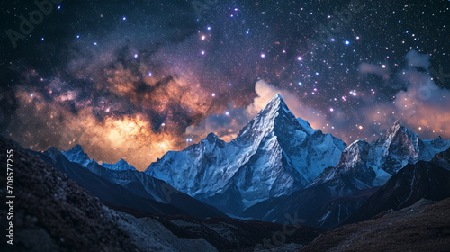 ネパールの夜の雪に覆われた岩と星空の素晴らしい景色GenerativeAI © enopi