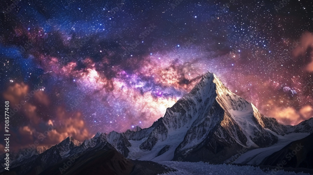 ネパールの夜の雪に覆われた岩と星空の素晴らしい景色GenerativeAI - obrazy, fototapety, plakaty 