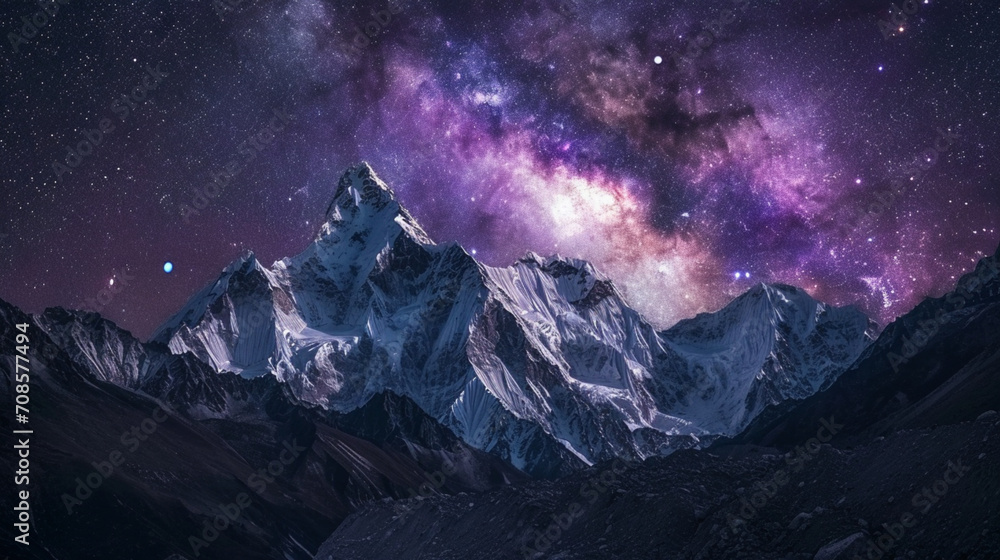 ネパールの夜の雪に覆われた岩と星空の素晴らしい景色GenerativeAI - obrazy, fototapety, plakaty 