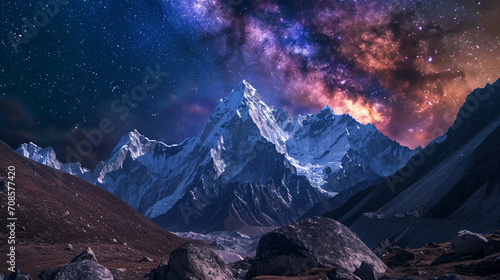 ネパールの夜の雪に覆われた岩と星空の素晴らしい景色GenerativeAI photo
