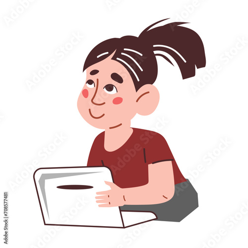 Child with laptop, digital generation character, kids and technology, gaming concepts, flat cartoon vector illustration isolated on white. Child plays or studies with a PC.