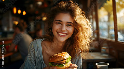 Woman smiling in a restaurant eating a hamburger  enjoying the food