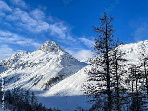 Snow mountain range as viewed from the slopes of Val d'Isere ski resort.