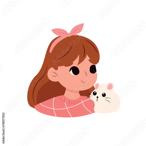 Little girl and white rat, cute pet vector Illustration on a white background
