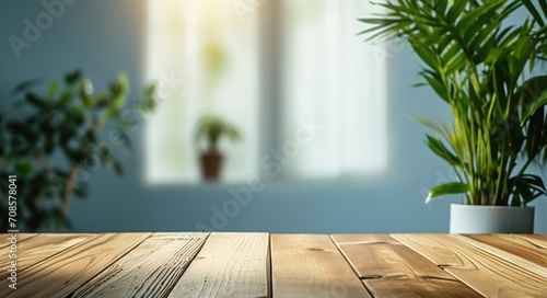 Serene Home  Wooden Table in a Dimly Lit Room with Blurred White Wall and Plants Background