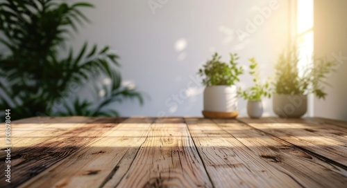 Minimalist Wood Table in Dimly Lit Room with Blurred White Wall and Plants Background. High-Quality Indoor Home Decor Image