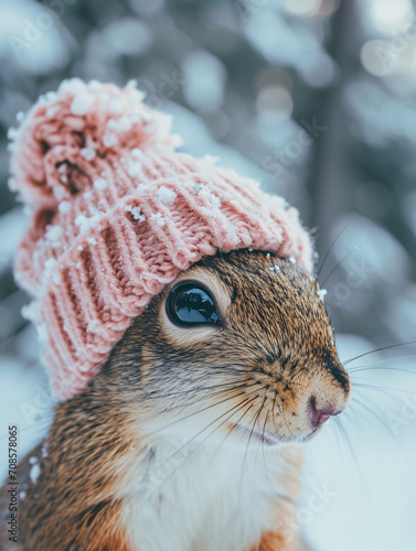 Cute animal with warm winter clothes in a bright winter day