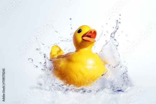 Close-up of a small yellow duck in clear water. Cute children rubber toy