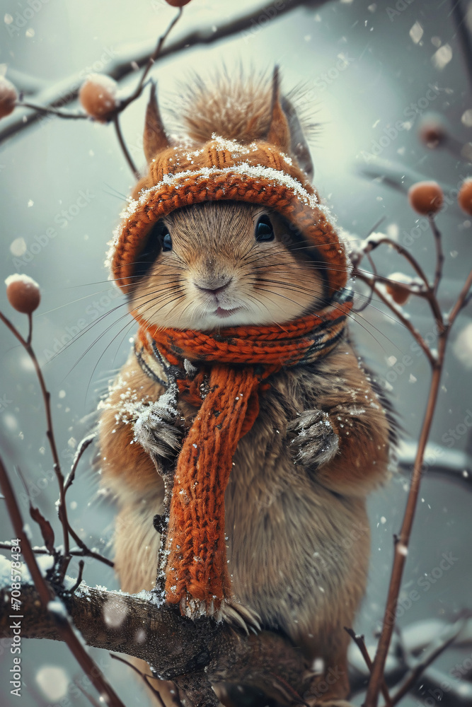 Cute animal with warm winter clothes in a bright winter day Cute animal with warm winter clothes in a bright winter day
