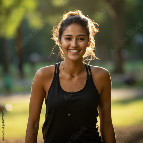 portrait of a woman in the park, smiling young woman exercise in the morning .