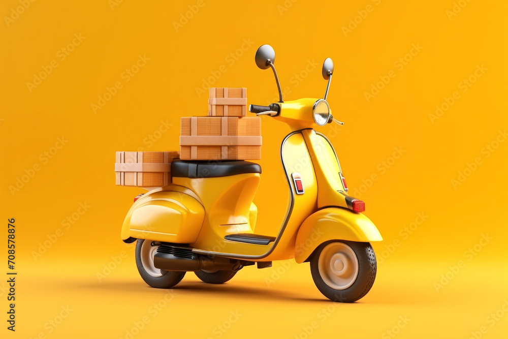 Yellow scooter with cardboard boxes. Stylish motorcycle for the delivery of products and goods. Generated by AI.