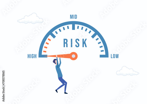 Businessman hanging on needle speed gauge low risk management concept. Flat modern vector illustration