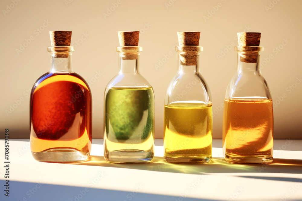 Four glass bottles with different colored versions of vegetable oils. Transparent vessels with cork stoppers in beautiful bright sunlight. Generated by AI. Four glass bottles with different colored versions of vegetable oils. Transparent vessels with cork stoppers in beautiful bright sunlight. Generated by AI.
