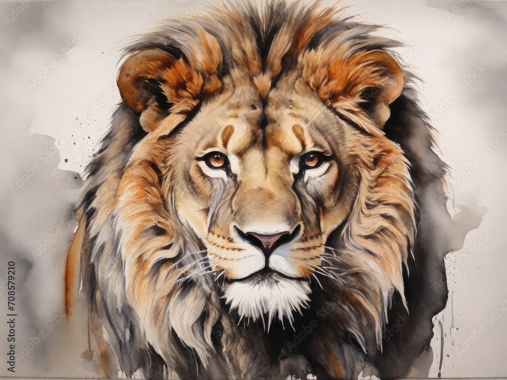 A lion drawn with watercolor paints looks at the camera on a gray background. Nature conservation concept
