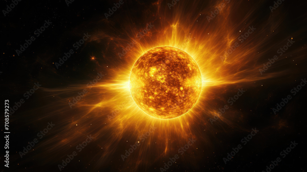 bright big yellow sun in space constellation stars rays of solar light heat created with Generative AI Technology
