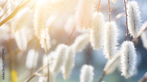 Beautiful springtime nature background from blooming willow branches with fluffy catkins in sunlight. . photo