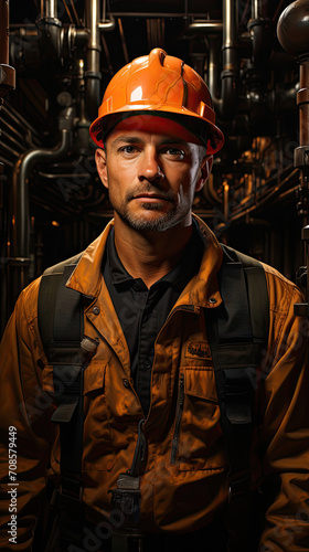 engineer male oil worker wearing orange uniform and protection helmet on dark background of oil refinery created with Generative AI Technology